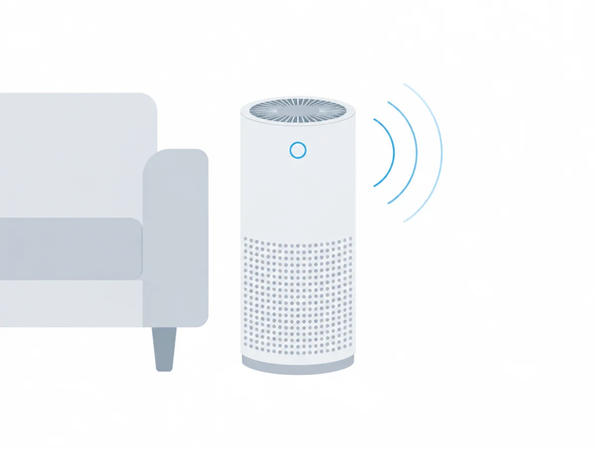 Illustration of a tall air purifier with a round top grille beside a sofa