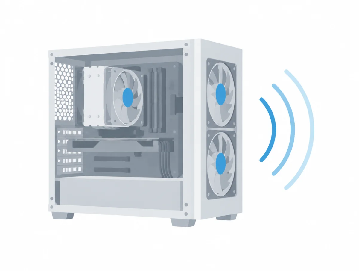 Illustration of an open desktop PC case showing a CPU cooler and two case fans