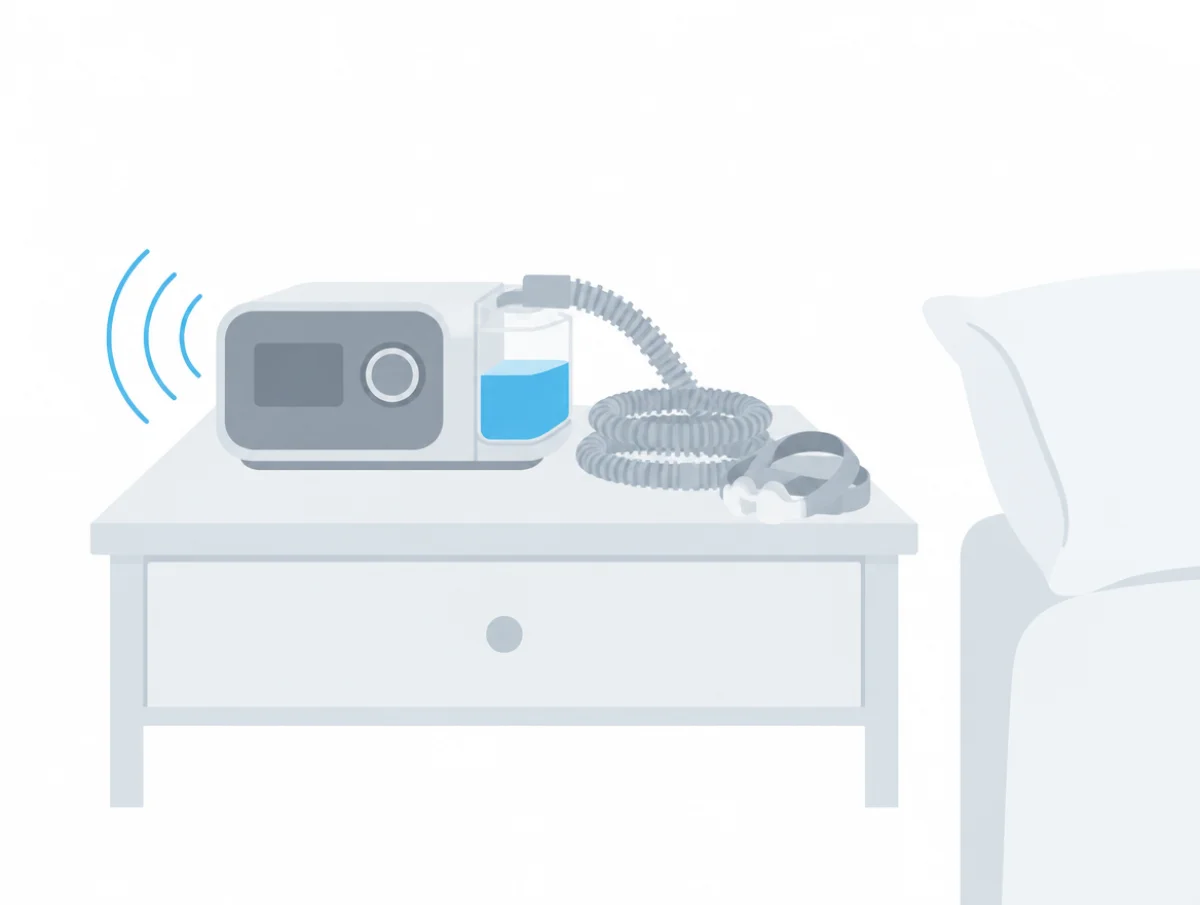 Illustration of a CPAP machine with its water chamber and coiled hose on a bedside table