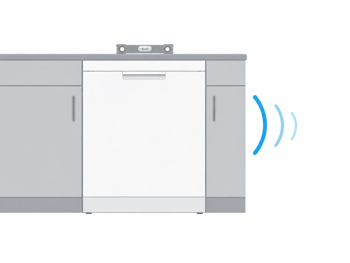 Illustration of a built-in dishwasher with its toe kick panel off and a hand turning a front levelling leg beneath the counter