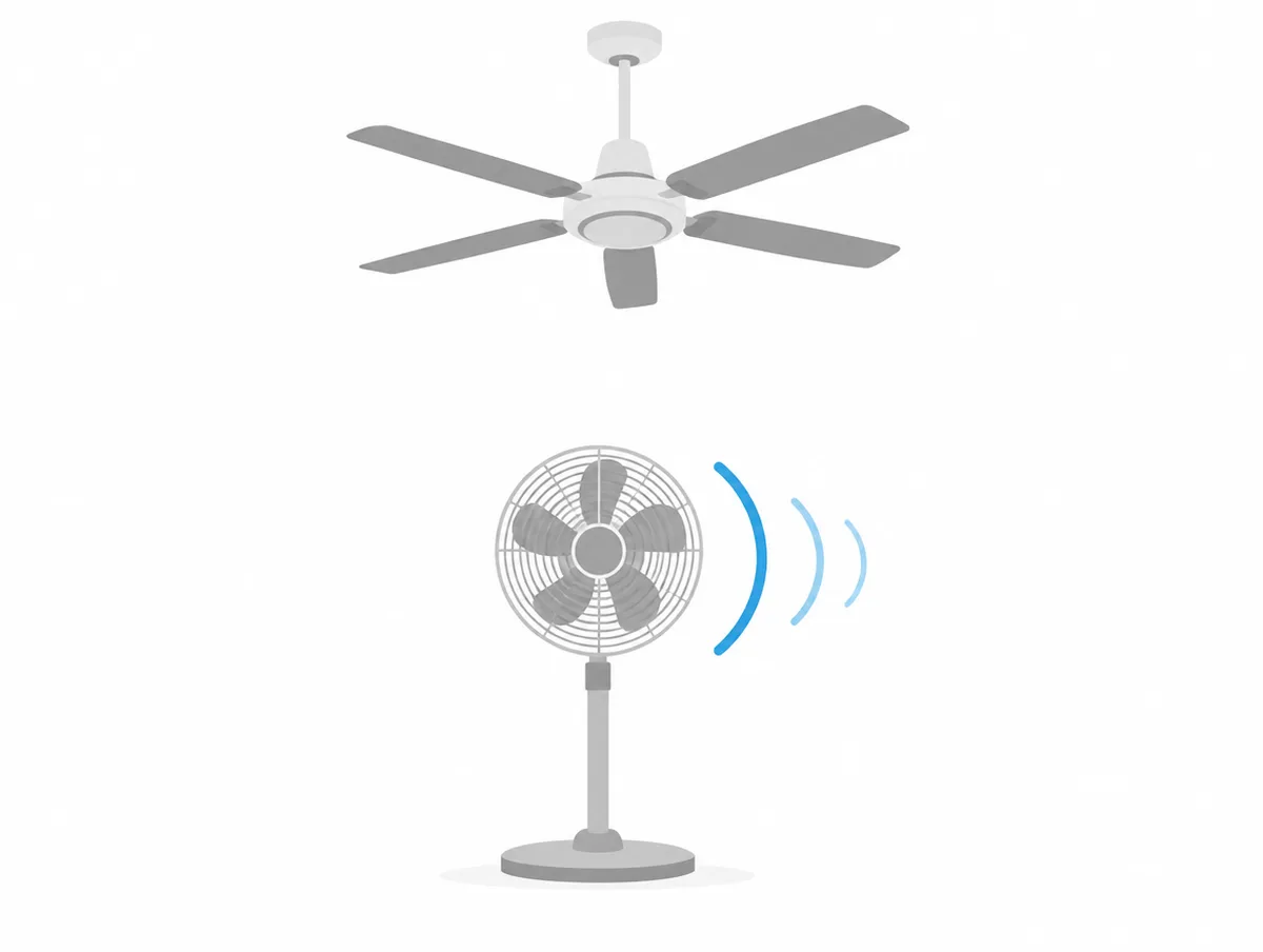 Illustration of a person on a step ladder pressing a balancing weight onto a ceiling fan blade, with a box fan and a tower fan standing on the floor below