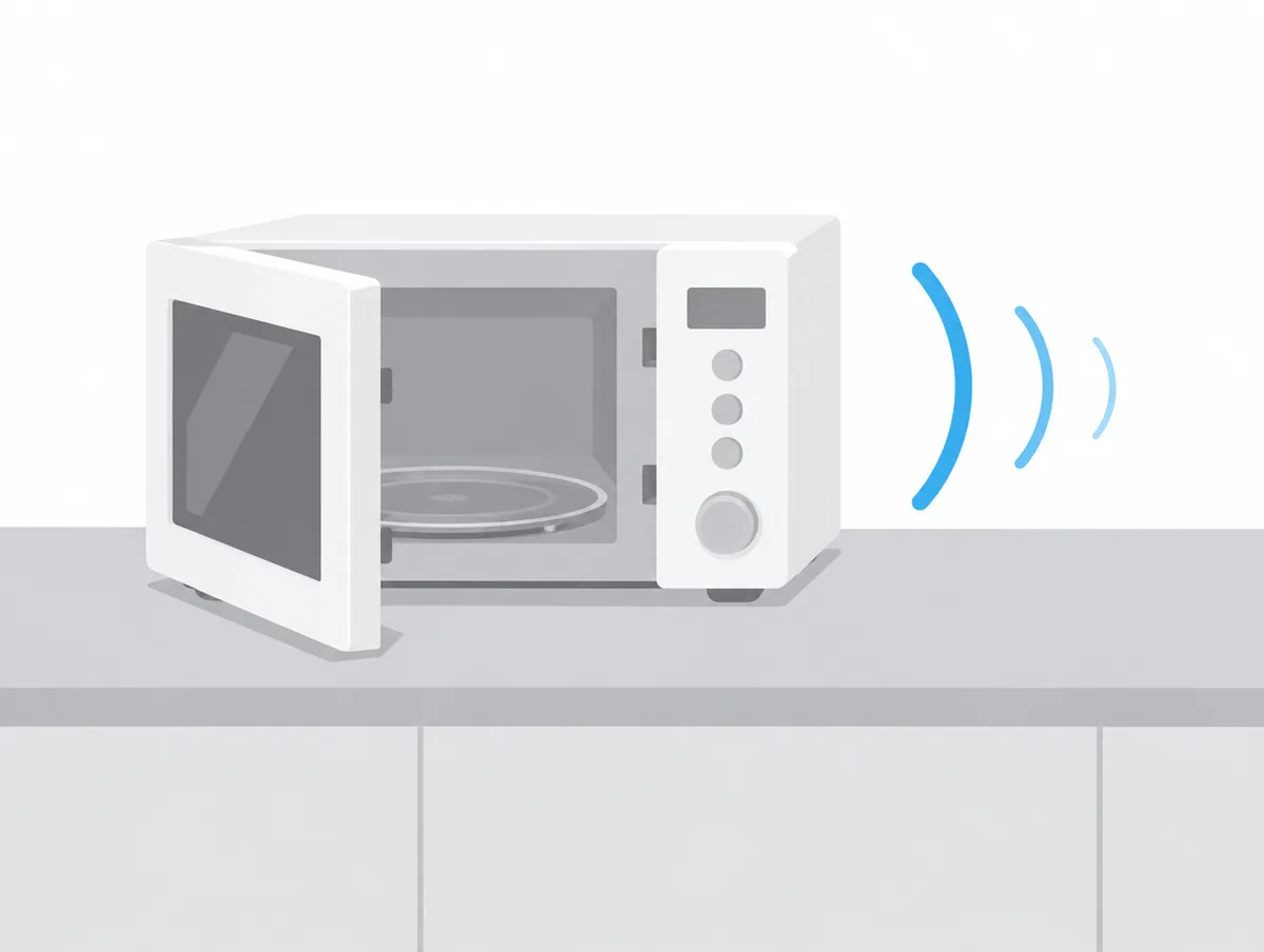 Illustration of a countertop microwave with its door open, the glass tray lifted out and the roller ring resting on the cavity floor