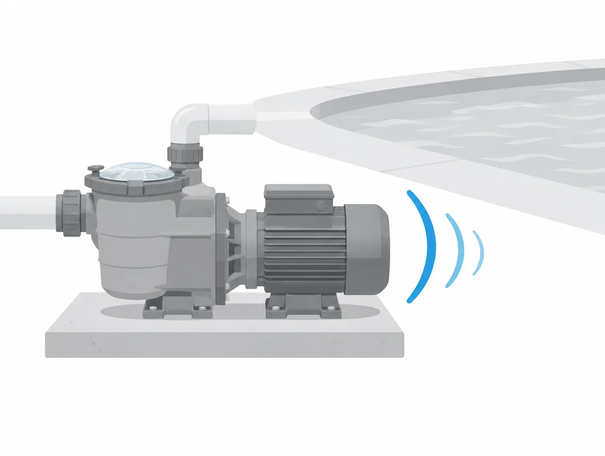 Illustration of a variable speed pool pump bolted to a concrete equipment pad beside a filter, with its plumbing held by a pipe support