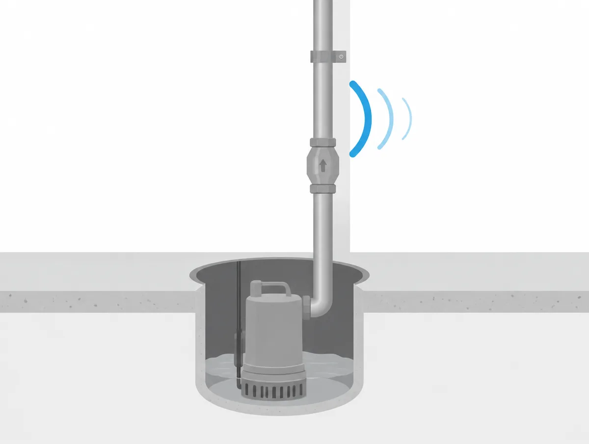 Illustration of a submersible sump pump on a brick inside a basin, with a check valve and a strapped discharge pipe rising to the basement ceiling