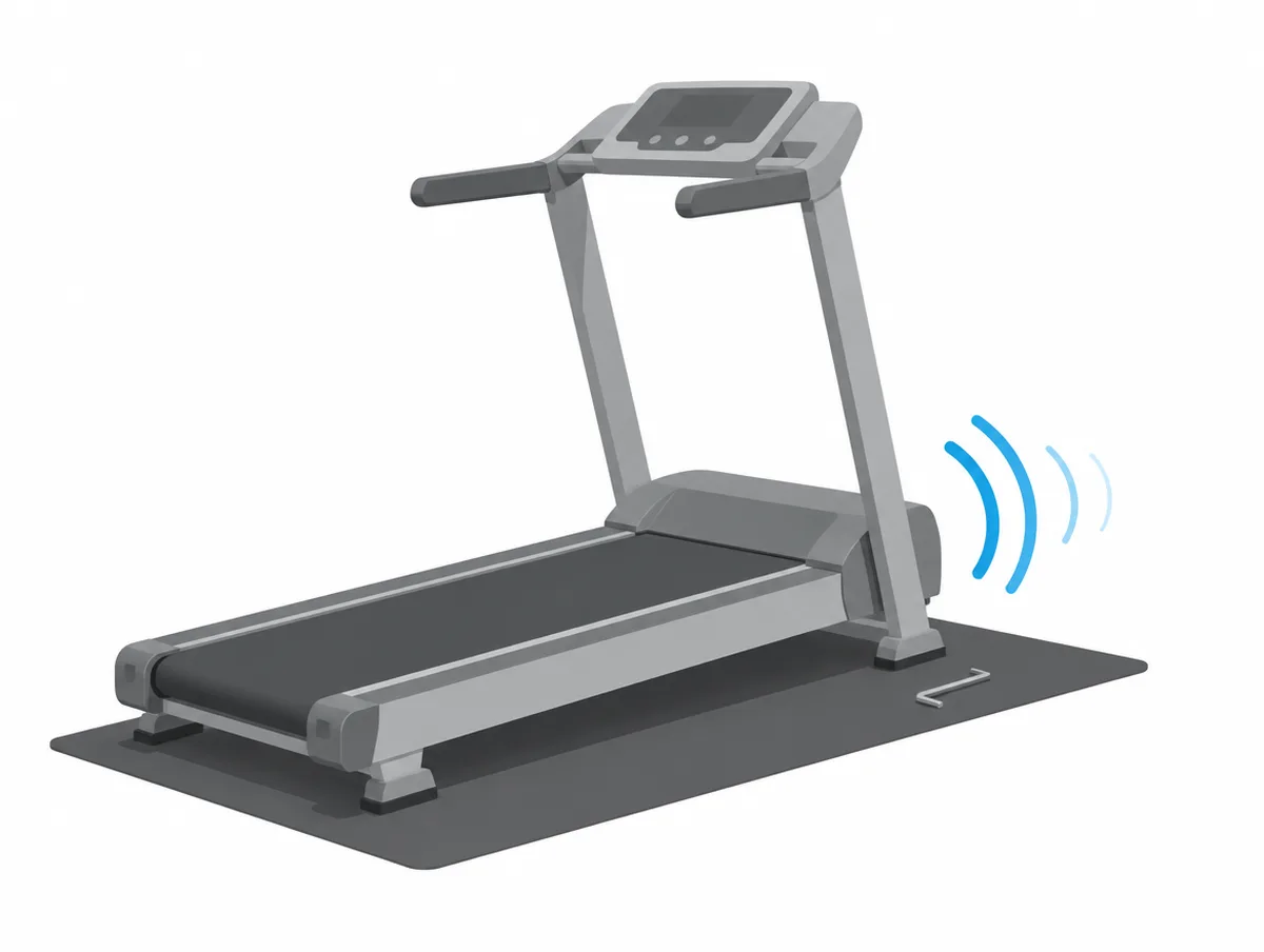 Illustration of a person turning a rear levelling foot on a folding treadmill that stands on an equipment mat in a living room