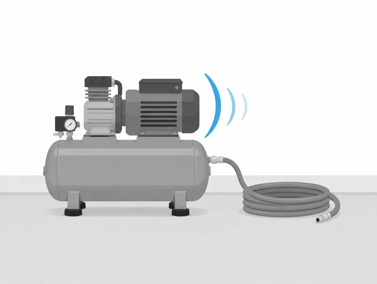 Illustration of a pancake air compressor standing on rubber feet in a garage, set out from the wall with a long coiled air hose