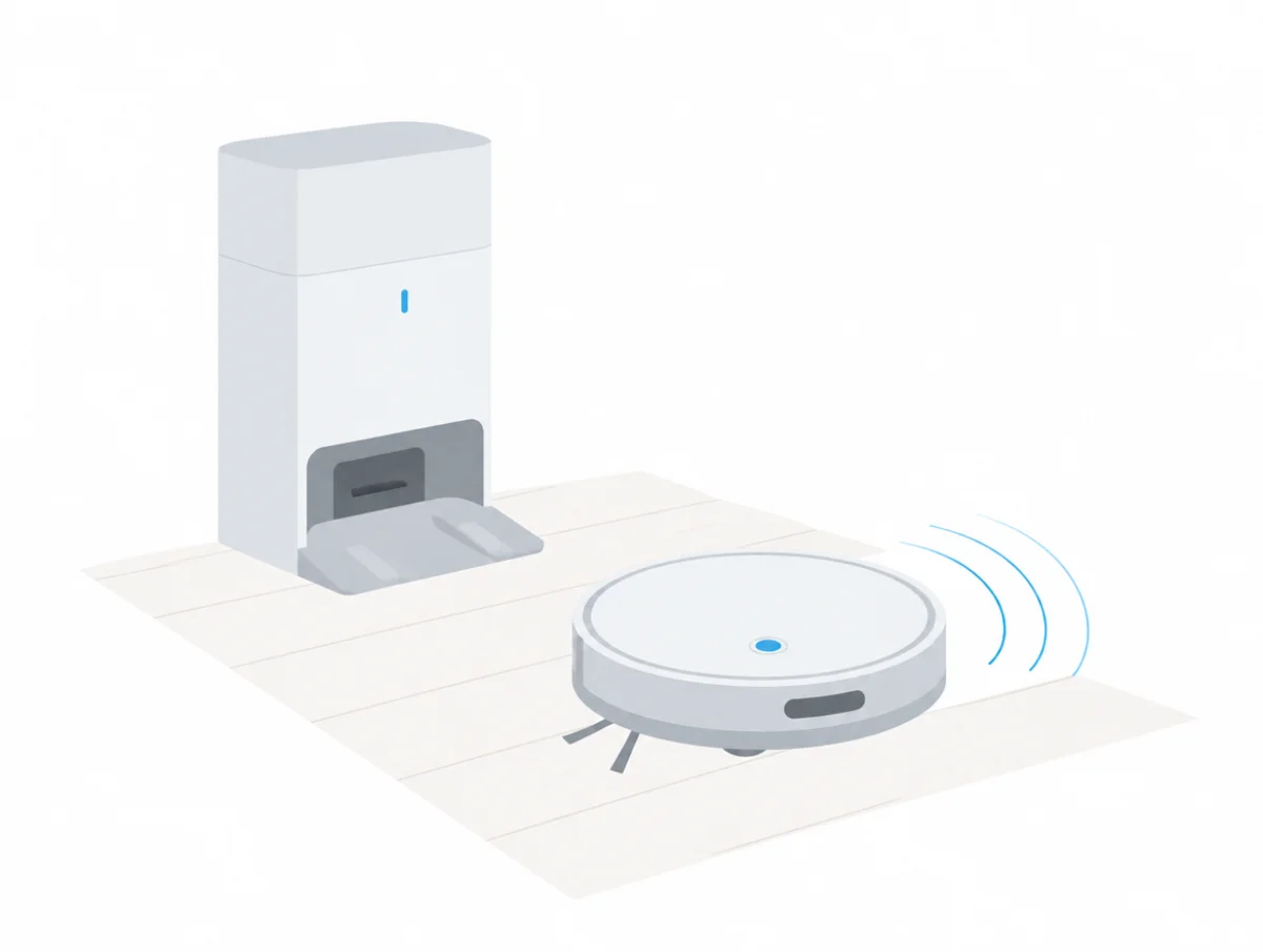 Illustration of a round robot vacuum leaving its self-empty dock on a wooden floor