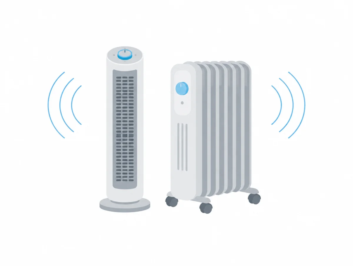Illustration of a ceramic tower space heater and an oil-filled radiator side by side on a floor